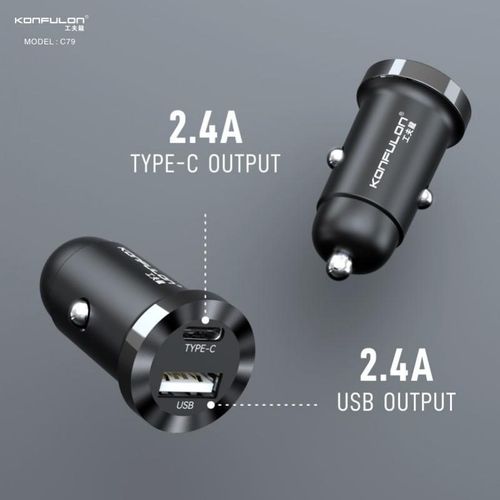 product_image_name-Konfulon-Car Charger USB + TYPE-C PD 12W Total Power C79-3