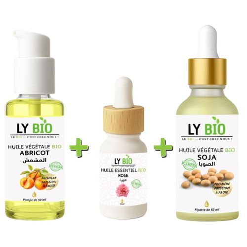 product_image_name-LY BIO-PACK HUILE ABRICOT 50ML - POMPE + HUILE ESSENTIEL ROSE 10ML + HUILE SOJA 50ML - PIPETTE-1