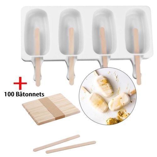 Generic Moule à glace en Silicone 4 cavités + 100 bâtonnets à