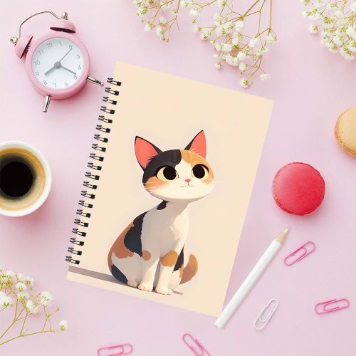 product_image_name-Generic-Carnet, A5, 13,97x21,08 cm, 50 pages, Motif d'un chat de dessin animé avec une fourrure tricolore assis, Carnet, Journal, L-1