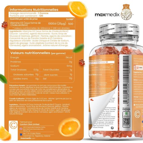 product_image_name-MaxMedix-Vitamine D3 pour enfants,   goût orange, vitamine D, cholécalciférol 1 000 UI,  pour enfants de 3 à 12 ans 120 gommes-5