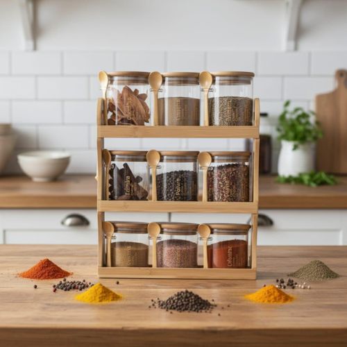 product_image_name-Generic-مجموعة تخزين وتنظيم مكونة من 9 قطع مع عبوات توابل زجاجية وغطاء من الخيزران الطبيعي-2