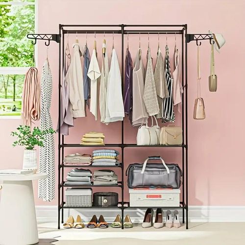 product_image_name-Generic-Portant à Vêtements Double Barre avec Étagères et Crochets, Rangement Spacieux et Pratique-3