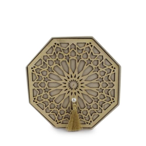 Boite de Rangement artisanale marocaine de forme octogonale beige en cuir  avec des jolies motifs argentés