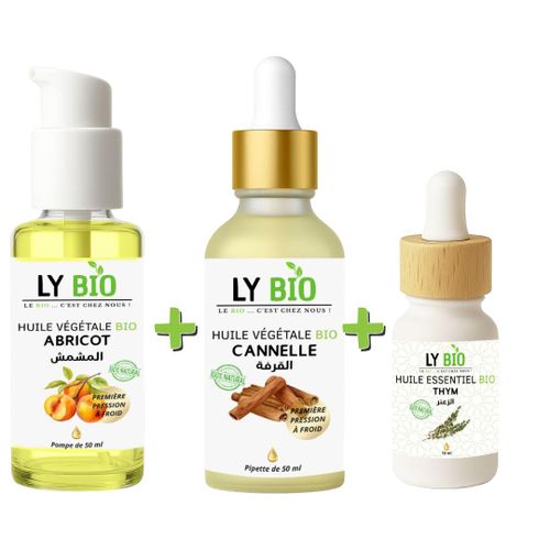product_image_name-LY BIO-PACK HUILE ABRICOT 50ML - POMPE + HUILE CANNELLE 50ML - PIPETTE + HUILE ESSENTIEL THYM 10ML-1