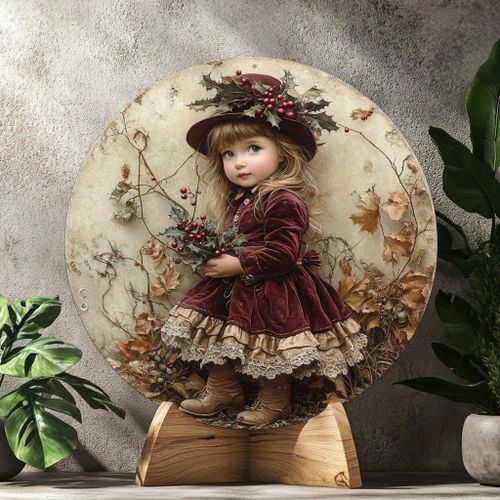product_image_name-Generic-Plaque Murale Ronde en Aluminium Vintage avec Petite Fille Mignonne - 20.32x20.32 cm Décor Rustique à Thème Automnal avec Baies & Feuilles - Parfait pour la Cuisine, le Salon ou le Bureau - Cadeau Idéal pour Noël & l'Hiver-2