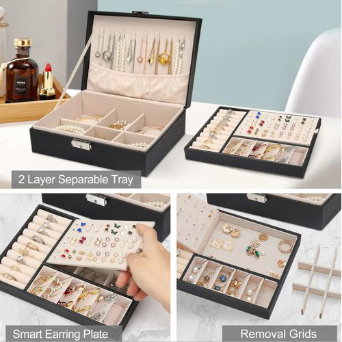 product_image_name-Generic-Boîte à bijoux pour femmes/filles, boîtier de rangement à deux couches avec serrure, organiseur en PU avec plateau amovible, support d"affichage de bijoux pour colliers, boucles d"oreilles, bracelets, bagues et montres, noir-2