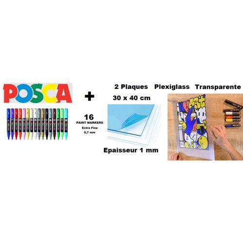 product_image_name-Posca-Pack ART-GLASS 16 Marqueurs PC-1M Conique + 2 Plaques Plexiglass 1mm 30x40cm-1