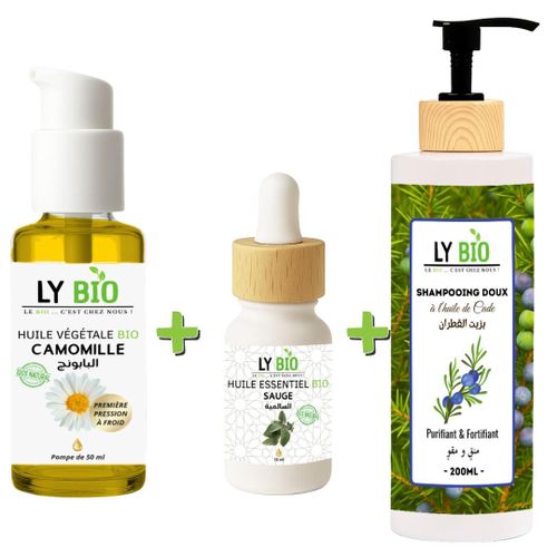 product_image_name-LY BIO-PACK HUILE CAMOMILLE 50ML - POMPE + HUILE ESSENTIEL SAUGE 10ML + SHAMPOOING A L'HUILE DE CADE 200ML-1