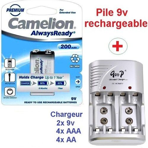 Camelion Lot de Batterie 9V 200mAh Ni-MH Rechargeable et Chargeur 2x 9V 2x  AAA 2x AA à prix pas cher