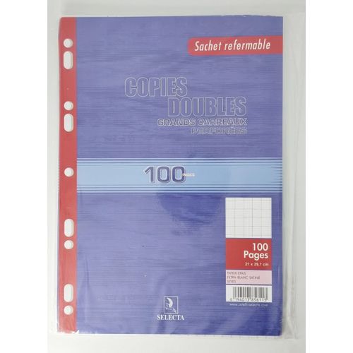 Selecta 1 paquet Feuilles DOUBLES Perforés DE CLASSEUR 60g A4 21x29,7.Grands  carreaux,100 Pages à prix pas cher