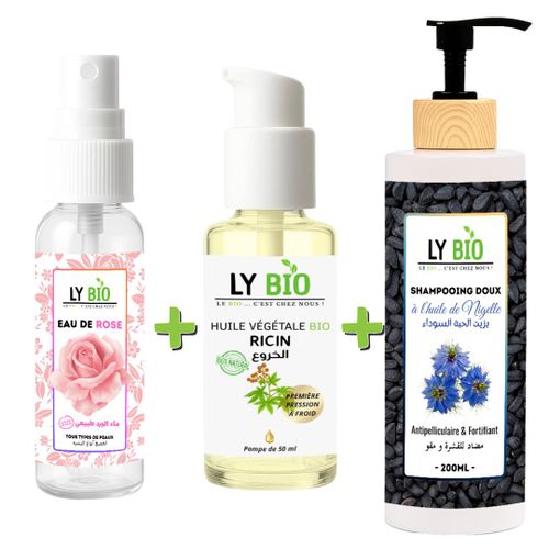 product_image_name-LY BIO-مجموعة LYBIO ماء الورد 100 مل + زيت الخروع 50 مل - مع مضخة + شامبو بزيت حبة البركة 200 مل-1