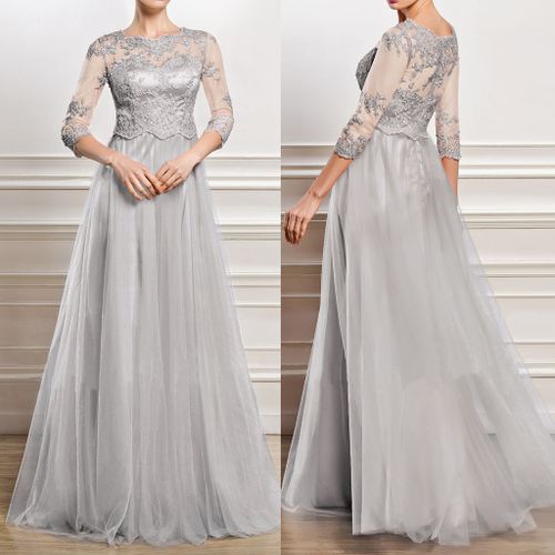 Party Dress Women Sling Cross Wedding O-Neck Elegant Party Evening Slim  Hollow Lace Dress Gray