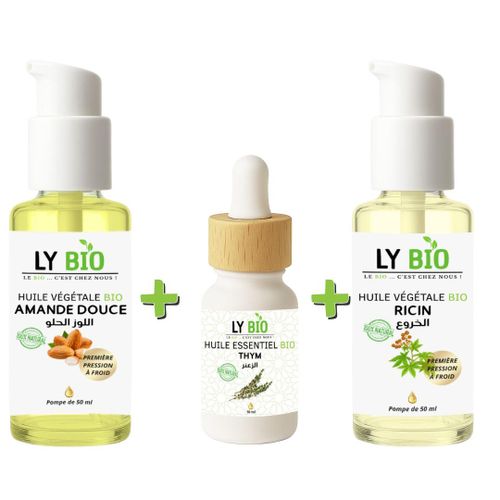 product_image_name-LY BIO-PACK HUILE AMANDE DOUCE 50ml - POMPE + HUILE ESSENTIEL THYM 10ML + HUILE RICIN 50ml - POMPE-1