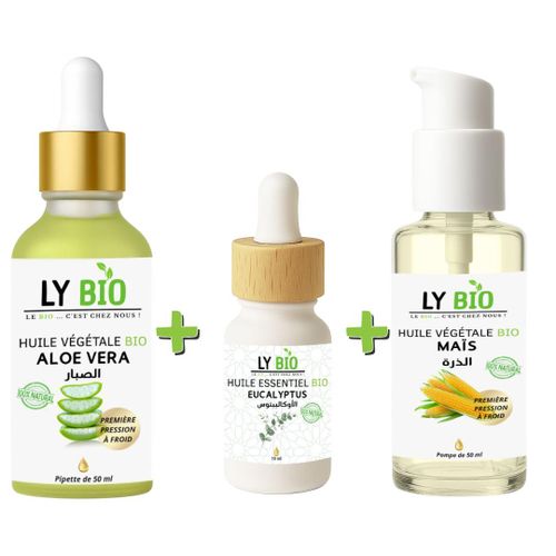 product_image_name-LY BIO-PACK HUILE ALOE VERA 50ml - PIPETTE + HUILE ESSENTIEL EUCALYPTUS 10ML + HUILE MAIS 50ML - POMPE-1