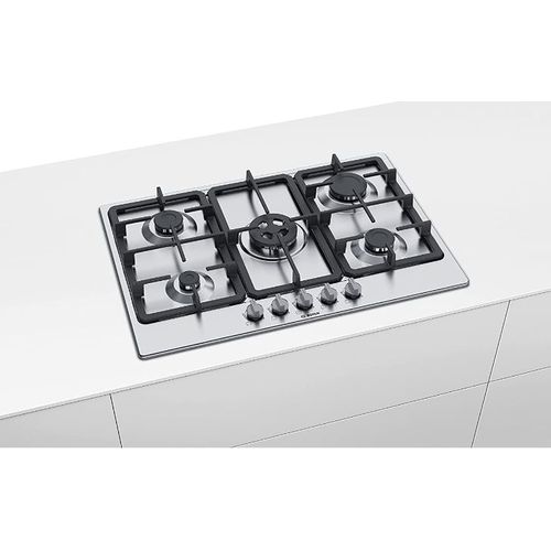 Bosch Table de cuisson plaque à gaz encastrable en acier inoxydable ,75cm  ,5 feux dont un Wok ,grilles en fonte renforcée ,sécurité à prix pas cher