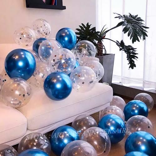 Generic 25 ballons bleu métallique & transparent avec confetti argent 31 CM  pour décorations anniversaire à prix pas cher