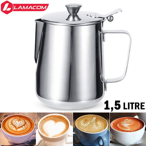 Lamacom Pot à Lait avec Couvercle, Pichet à Café en Inox 1.5L, Pichet à  Mousse de Lait à prix pas cher