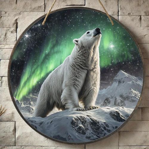 product_image_name-Generic-Plaque Ronde en Bois à Imprimé Plat 2D, Thème Ours Polaire, Convient pour Décoration de Bar Cuisine Café Bureau Maison, Décor de Fête, Cadeau de Vacances, 20.32x20.32 cm-1