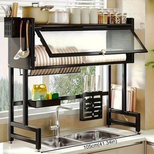 product_image_name-Generic-رف أطباق كبير مصنوع من الفولاذ الكربوني القوي، منظم مطبخ متعدد المستويات ومضاد للصدأ بطول 105 سم-1