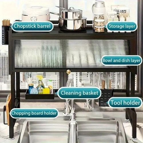 product_image_name-Generic-رف أطباق كبير مصنوع من الفولاذ الكربوني القوي، منظم مطبخ متعدد المستويات ومضاد للصدأ بطول 105 سم-2