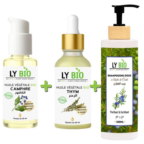 product_image_name-LY BIO-PACK HUILE CAMPHREE 50ML - POMPE + HUILE THYM 50ML - PIPETTE + SHAMPOOING A L'HUILE DE CADE 200ML-1