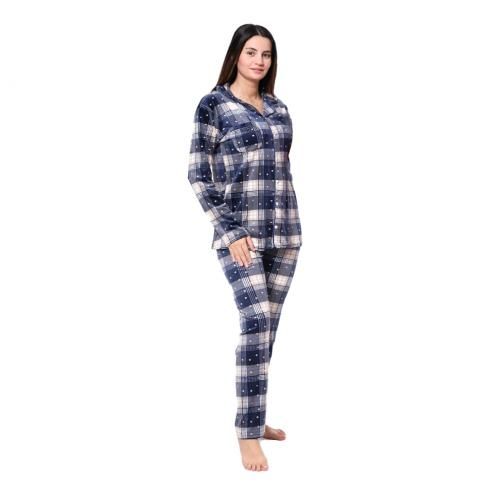 Vienetta - Set Pyjama Femme, Manches Longues, Bleu Foncé - S