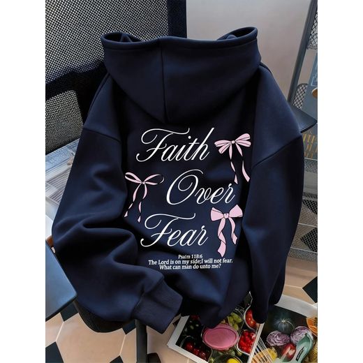 Generic Sweat à capuche pour femme, motif graphique « Foi au-dessus de la peur » avec texte biblique de Jésus et des Psaumes, pour l'automne et l'hiver, tenue quotidienne d'automne, retour à l'école, couleur unie, manches longues, poche, épaules tombantes, déco - image 3