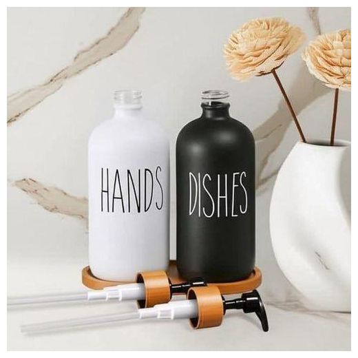 Generic Ensemble de 2 distributeurs savon mains & liquide vaisselle – Verre mat blanc & noir, pompes bambou et plateau en bois - image 2