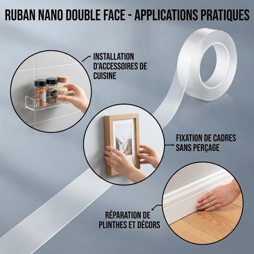 Generic Pack 2 Ruban Adhesif Double Face Nano Tape 10M 2x5M Transparent Lavable Reutilisable Fixation Murale Sans Percage - image 2