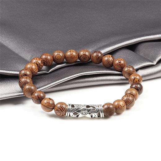 Generic Bracelets breloque perle en bois naturel pendentif argenté réglable pour hommes - image 2