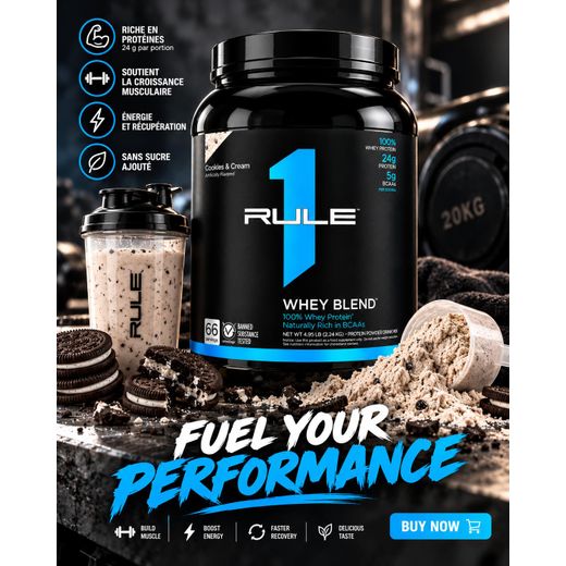 Rule 1 Pack Performance & Musculation - Whey Blend 66 Servings (2.24 kg) Cookies & Cream + Creatine Blue Grape 18 Tabs - image 4