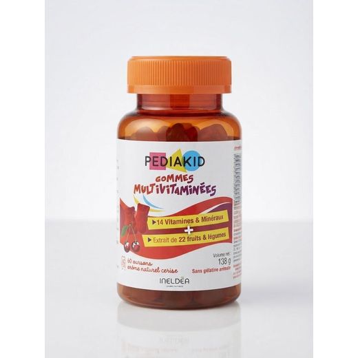 PEDIAKID  Gommes Multivitaminées – 14 Vitamines & Minéraux + Extrait de 22 Fruits & Légumes (60 Oursons / Goût Cerise)
