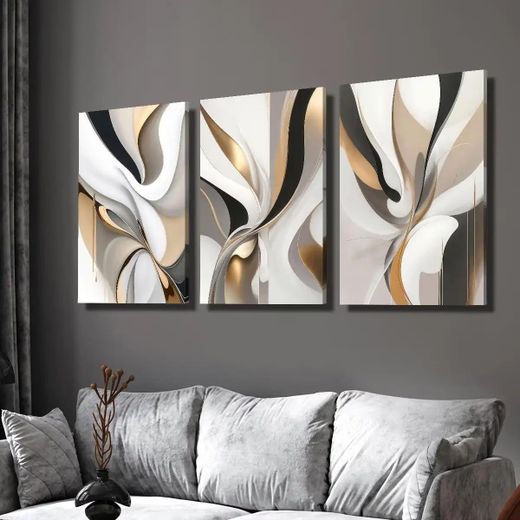 Generic Tableau Mural Art Abstrait Vagues Ondulées Blanc Doré et Noir 3 Pièces 60 x 40 cm - Toile Canvas HD - Style Contemporain Luxueux - Décoration Salon Chambre Bureau - Châssis en Bois - image 3