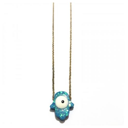 Generic Chaine Plaqué Or Avec Pendentif Khmissa Ceramique Bleu Pour Femme - image 3