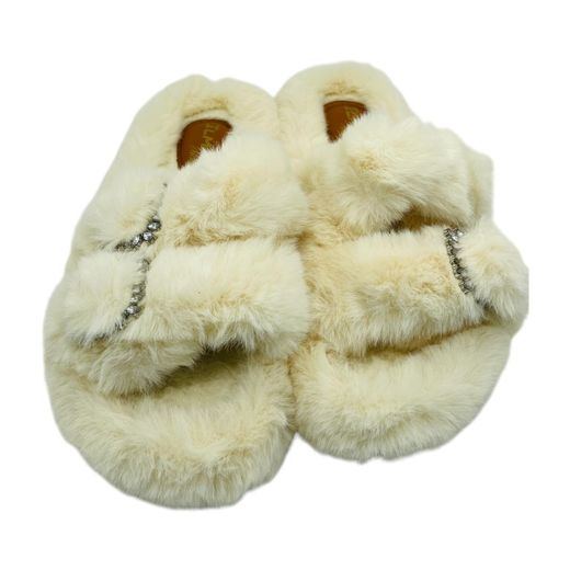 Makeba Maroc Slippers en fourrure de couleur beige avec double bandes et des broches