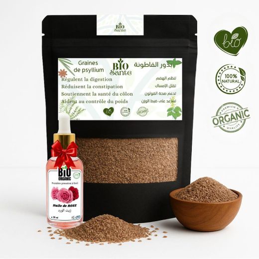 BIO SANTE Psyllium blond graines 100 pour cent naturel format famille 250 g + huile de Rose 30ml gratuit