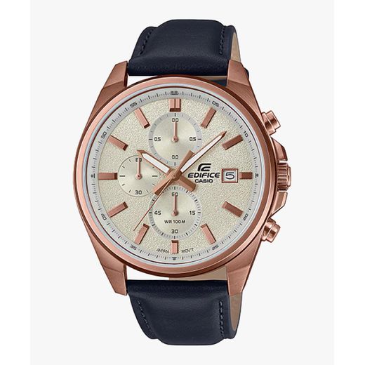 Casio  Boîtier en acier inoxydable plaqué rose et un bracelet en cuir bleu foncee - Chronographe - EFV-610CL-7AV