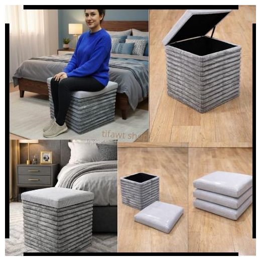 Generic Pouf de Rangement Pliable Carré en Tissu Gris – Tabouret Coffre Multifonction pour Chambre et Salon