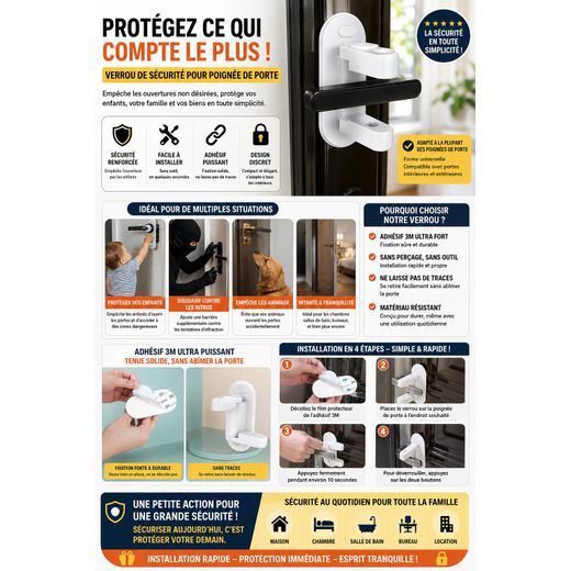 Multi Verrou de porte universel à levier, sécurité enfant, anti-rotation, verrou de sécurité adhésif professionnel avec norme