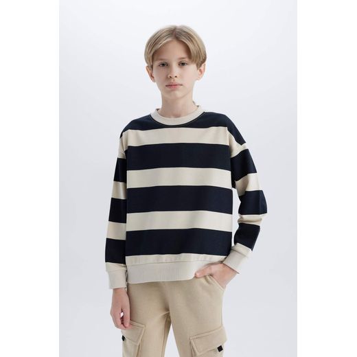 Defacto Sweatshirt oversize rayé à col rond pour garçon - image 3