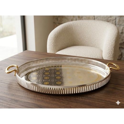 Generic Plateau 47/30cm ovale argenté et détail doré avec anses à servir ou présentation en inox 18 crt très haute qualité model dama