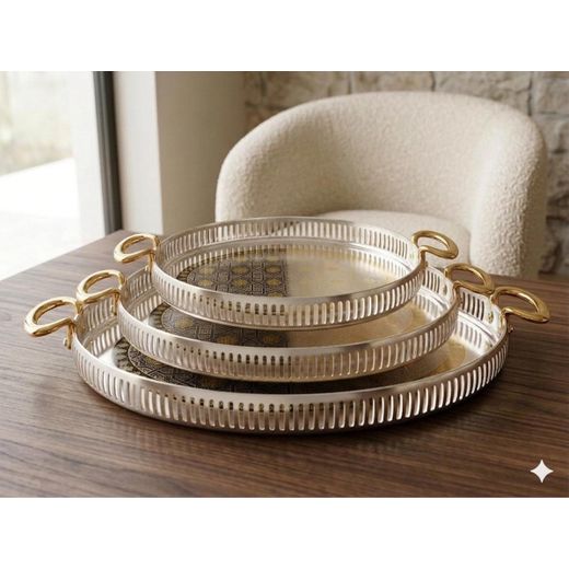 Generic Plateau 47/30cm ovale argenté et détail doré avec anses à servir ou présentation en inox 18 crt très haute qualité model dama - image 2
