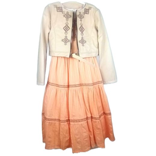 Generic Ensemble de Cérémonie Fille 3 Pièces : Robe de Fête Brodée, Veste Style Cuir & Ceinture - Idée Cadeau