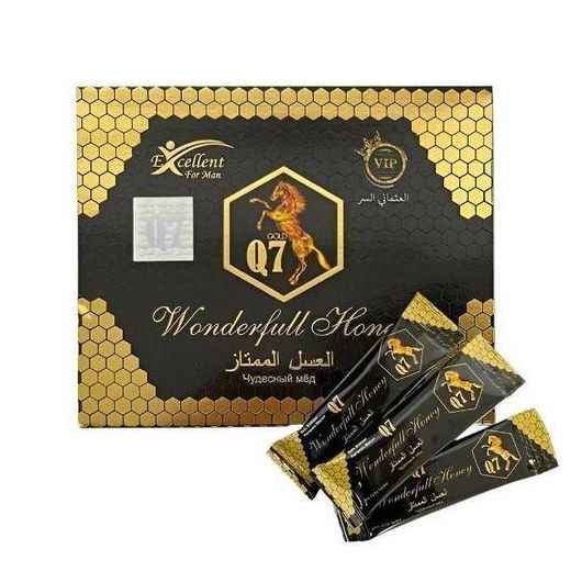 Gold Q7 Wonderful Honey - miel Un mélange d'herbes et de graines noires avec du miel royal offert, une formule unique pour traiter, retarder l'éjaculation, Construire un meilleur corps musculaire (paquet de 12 sachets)