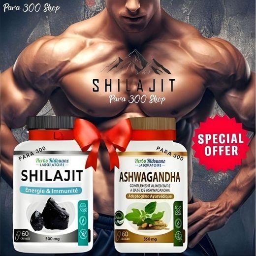 Herbo Ridouane Pack 2x Bottel COMPLEMENT ALIMENTAIRE- Capsules Shilajit 300 mg, 60 Gélules - A'shwagandha 350 mg, 60 Gélules, augmentent l'énergie et l'endurance, et boostent les performances des hommes.