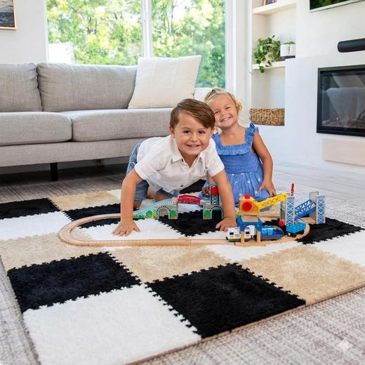 Sabbar 12 pièces - Tapis modulable doux – Blanc, Beige et Noir