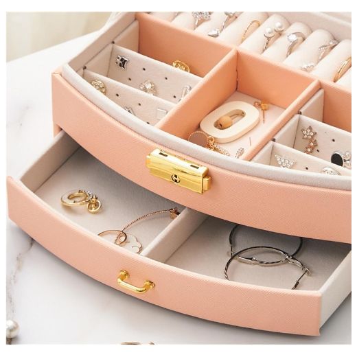 Generic Grande boîte à bijoux à 2 couches en cuir PU avec miroir, colliers, bagues, rose - image 3
