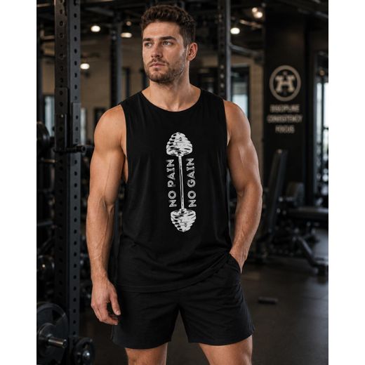 Generic Débardeur Musculation Homme - No Pain No Gain - Tissu Stretch Premium (Lycra & Coton) - Noir - Black