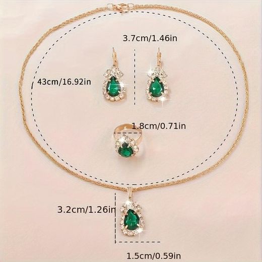 Generic Ensemble de Bijoux 4 Pièces "Goutte Royale" – Collier, Boucles d'Oreilles & Bague – Vert Émeraude et Cristaux Scintillants - image 4
